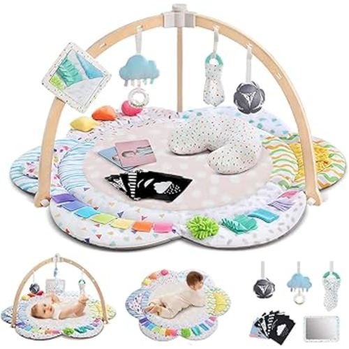 Baby Play Gym & Activitiy Mat, Upgraded 6 Developmental Zones, Tummy Time Mat with Sensory Toys for Motor Skill & Sensory Development, Essentials Shower for Baby