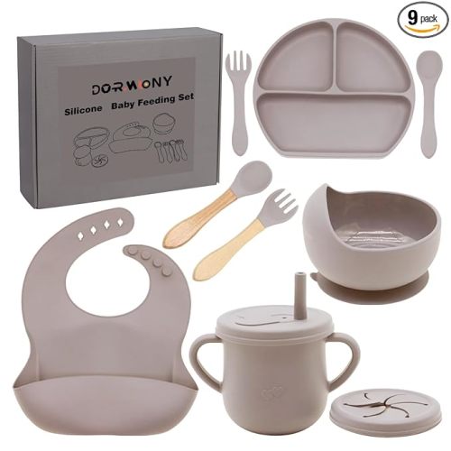 100% Silicone Baby Feeding Set, BPA Free, 9 Pcs: Suction Bowl, Divided Plate, Toddler Self Feeding Dish Set with Spoons, Forks, Sippy Cup, Bib, Beige