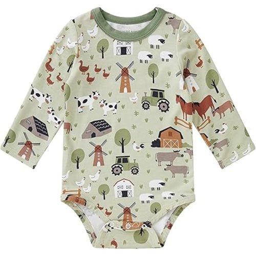 pureborn Baby Boys Viscose Bodysuit Long Sleeve Romper One-Piece Outfit Farm 6-9 Months