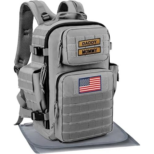 SHARKMOUTH Baby Diaper Bag for Dad - Large Military Daddy Gear Backpack with Changing Pad for Travel Camping Hiking - Newborn Baby Shower Gifts Gray