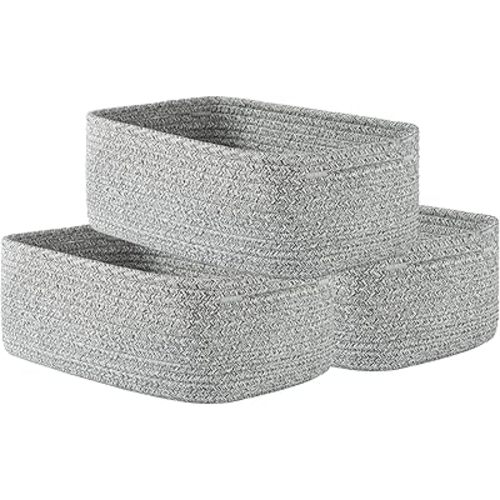 Small Woven Basket, 12 x 8 x 4.5 Inches, Storage Basket for Organizing, Cute Small Rope Shelf Closet Cube Storage Bins Baskets for Shelves, Dog Toy Basket, Gift Baskets Empty, 3 Packs, Mixed Grey