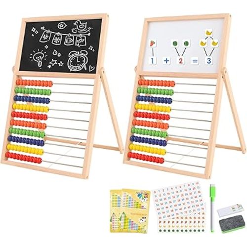Wooden Abacus for Kids Math - Double-Sided Blackboard Whiteboard Magnetic Abacus for Toddlers 1-3 with 100 Magnetic Number & Fruit Stickers - Educational Counting Games Kids Gift