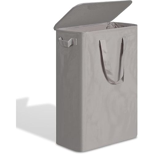 efluky Slim Laundry Basket with Lid, Narrow Laundry Hamper with Handles, Collapsible Dirty Clothes Hamper, Tall Laundry Bin for Laundry Room, Dorm and Bedroom, 55L Grey