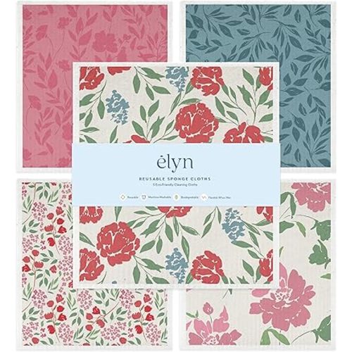 ELYN Swedish Dishcloths, Reusable & Washable Sponge Cloths, Absorbent Cleaning Paper Towels for Kitchen, Dishes, Counters and More, 5 Pack, Assorted Soft Botanical Patterns