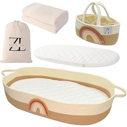 ZEAL'N LIFE Baby Changing Basket with Diapers Basket, Blanket & Changing Pad for Dresser, Potable Changing Pad, Baby Changing Pad, Changing Pad for Dresser, Moses Basket for Newborns (Coffee)