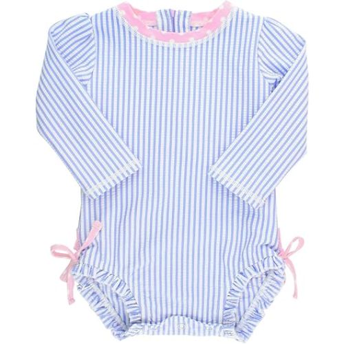 RuffleButts Baby-Girls Seersucker Long Sleeve Rash Guard - One Piece Swimsuit UPF 50+ Toddler