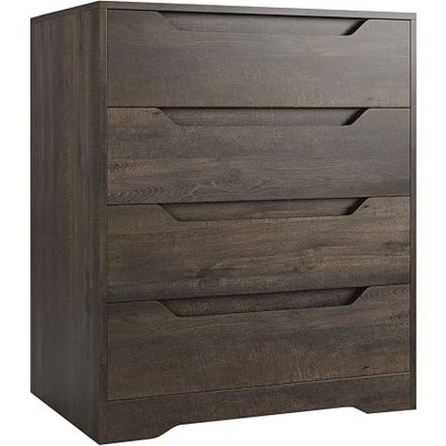 HOSTACK White Dresser, 4 Drawers Dresser, Farmhouse Chest of Drawers with Cut-Out Handles, Small Dressers with Drawers, Wood Makeup Chest Organizer for Living Room, Home Office, Dark Brown