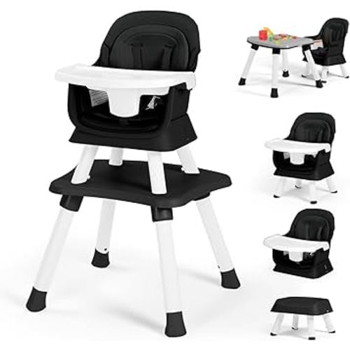 Kinder King Baby High Chair, 8 in 1 Coverts to Dining Booster Seat, Kids Table & Chair Set,Toddler Building Block Table, Removable Tray & Double Seat Cover, Easy to Wipe, Black & White