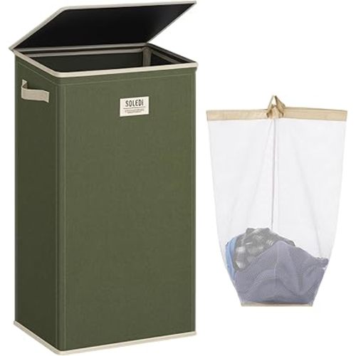 SOLEDI Laundry Hamper with lid, 100L Large Laundry Basket with Removable Bag Easy to Carry, Tall Clothes Hamper,Dirty Hampers for Bedroom, Bathroom, Dorm Avocado