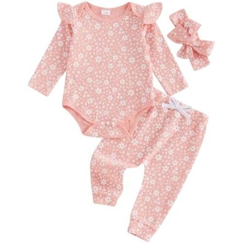 0-3 month Baby Girl Outfits Flower Ribbed Ruffle Long Sleeve Romper Pant Headband 3Pcs Infant Fall Winter Clothes Set