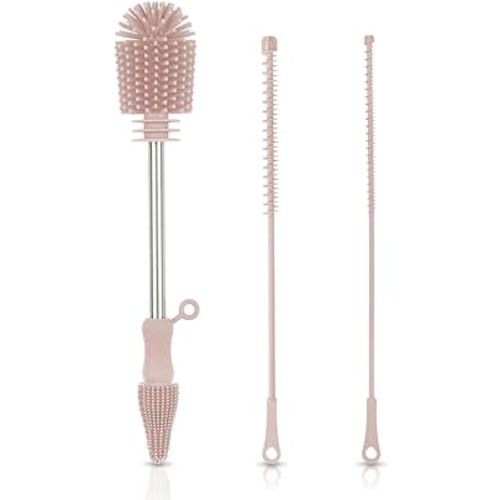 Haakaa Silicone Cleaning Brush Kit - Baby Bottle Brush Cleaner for Breast Pump,Nipple,Breast Milk Storage Bag,Reusable Straw,Sippy Cup - Food Grade Silicone Bristles, Portable - 3 Pcs - Blush