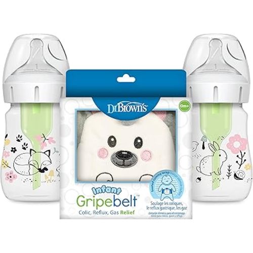 Dr. Brown’s Natural Flow® Anti-Colic Options+™ Wide-Neck Baby Bottle, Woodland Design, 5 oz/150 mL, Level 1 Nipple, 2-Pack, 0m+ with Infant Gripebelt Heated Tummy Wrap for Gas Relief, Hedgehog, 0-3m