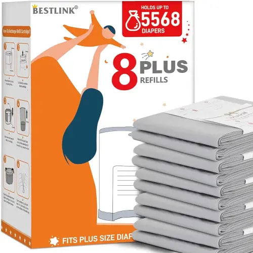 8 Pack Refills Compatible with DEKOR PLUS Diaper Pails | 20% Extra Length Diaper Pail Refill Bags Liners Holds 5568 Diapers | Ultimate Odor Control with Baby Scented