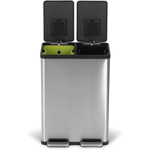 SIMPLI-MAGIC 60 Liter / 16 Gallon Rectangular Hands-Free Dual Compartment Recycling Kitchen Step Trash Can with Soft-Close Lid, Brushed Stainless Steel
