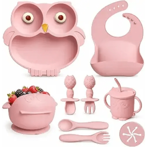 Silicone Baby Feeding Set with Spoon, Bowls, Plates with Suction, Bib, and Toddler Sippy Cups with Replaceable Snack Lids, Pink