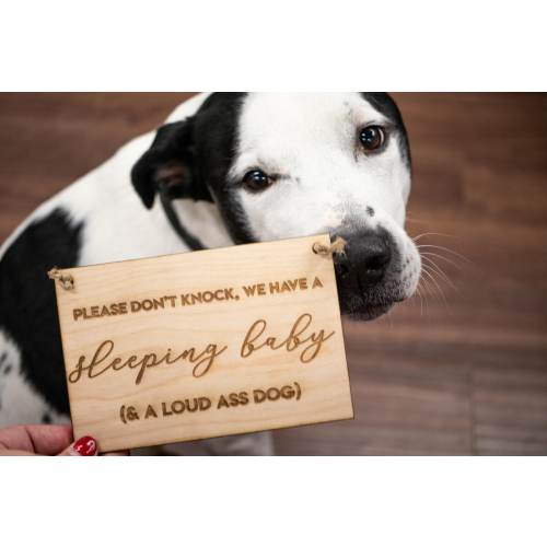 Sleeping Baby Loud Dog Wood Door Hanger Sign | Please Don't Knock We Have A Sleeping Baby & A Loud Ass Dog | Newborn Baby Shower Gift
