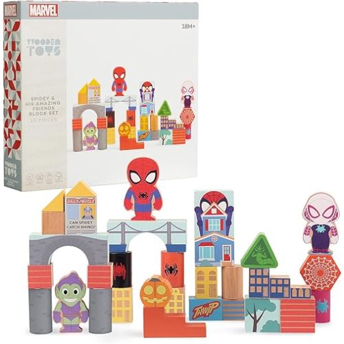 Just Play Disney Marvel Wooden Toys Spidey and His Amazing Friends 30-piece Building Blocks Set, Officially Licensed Kids Toys for Ages 18 Month