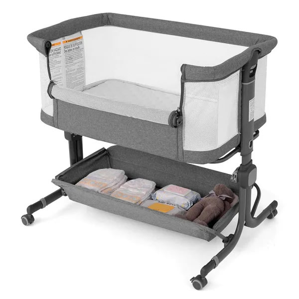 Bedside Crib w/ Adjustable Height Bassinet w/ Storage Shelf & Wheels