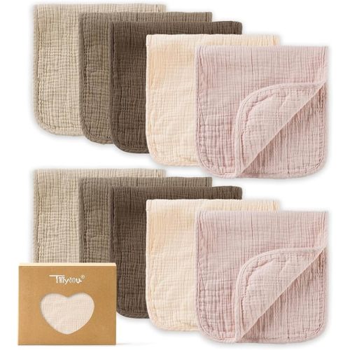 TILLYOU Muslin Burp Cloths Baby Boy Girl 20" x 10", 6-Layer Absorbent 100% Cotton Burping Cloths Large Soft, 10 Pack(Gradient Brown)