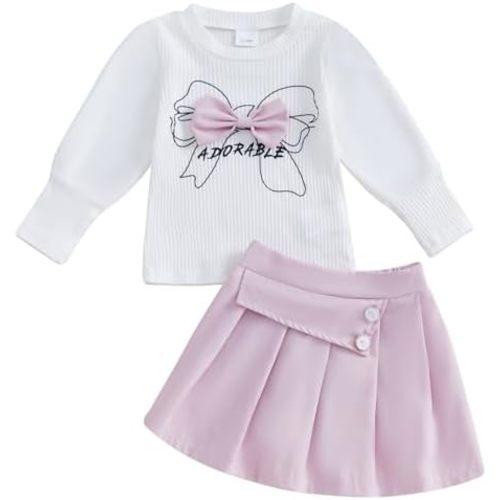 Toddler Baby Girl Winter Outfits Big Bowknot Sweaters Shirt+Ruffled Pink Uniform Skirts Dress Kids Fall Clothes Set