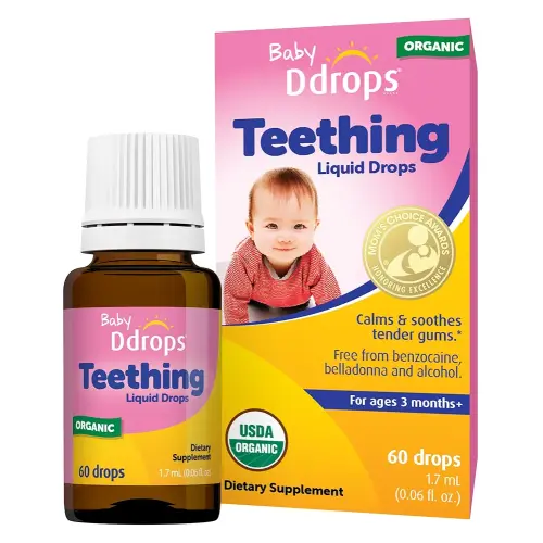 Ddrops Baby Organic Teething Relief Liquid, Calms and Soothes Baby's Tender Gums Naturally, Easy-to-Use Drop Format, 3 Months +, 60 Drops