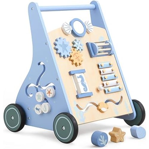 Beright Wooden Baby Walker Push and Pull Learning Activity Walker Kids’ Activity Toy Multiple Activities Center Develops Motor Skills & Stimulates Creativity, Blue