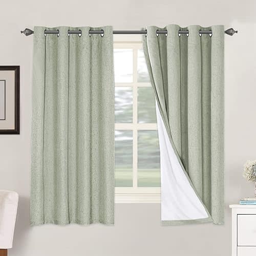 H.VERSAILTEX Linen Blackout Curtains 63 Inches Long 100% Absolutely Blackout Thermal Insulated Textured Linen Look Curtain Draperies Anti-Rust Grommet, Energy Saving with White Liner, 2 Panels, Sage