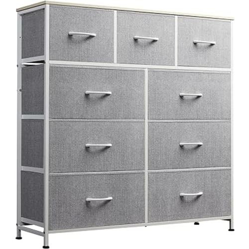 WLIVE 9-Drawer Dresser, Fabric Storage Tower for Bedroom, Hallway, Entryway, Closet, Tall Chest Organizer Unit with Fabric Bins, Steel Frame, Wood Top, Easy Pull Handle, Light Grey