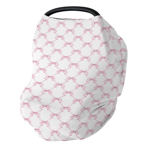 Pink Bows Ribbon Baby Car Seat Covers Pastel Baby Pink Ribbons Stretchy 5-in-1 Cover Adjustable Infant Carseat Cover Canopy Watercolor Bows Girly Breathable Nursing Cover-Up