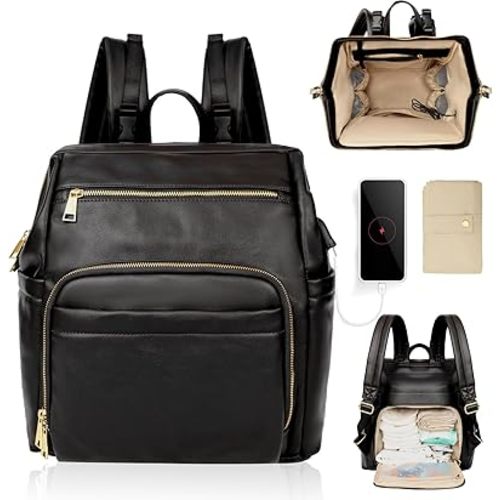Diaper Bag Backpack Leather Diaper Bag Backpack Baby Bags With 18 Organizing Pockets,6 Insulated Pockets,USB Charging Port,Stroller Straps,Changing Pad (Black)