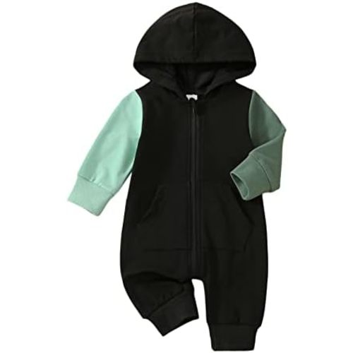 BemeyourBBs Newborn Baby Boy Clothes Color Block Long Sleeve Hooded Romper with Pocket Fall Winter One Piece Outfits