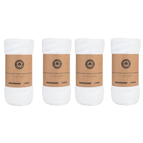 Organic Cotton White Swaddle Blankets - 4 Piece Set of Organic Gauze Muslin Swaddle Blankets - Breathable and Multi-Purpose Cotton Blanket for Newborn and Infants - 47"x47" (White - 4 Swaddles)