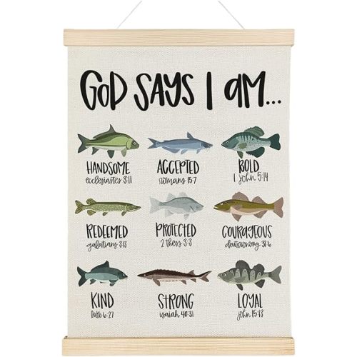 Nrleey God Say I Am Christian Wall Decor with Wooden Poster Hanger - Boys Room Decor, Inspirational Fish Bible Verses Wall Art Posters for Kids Boys Bedroom Playroom Nursery, 12x16 Inch
