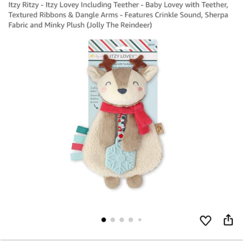 Itzy Ritzy - Itzy Lovey Including Teether - Baby Lovey with Teether, Textured Ribbons & Dangle Arms - Features Crinkle Sound, Sherpa Fabric and Minky Plush (Jolly The Reindeer)