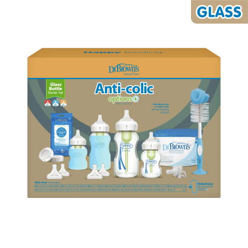 Dr. Brown's Anti-Colic Options+ Wide-Neck Glass Baby Bottle & HappyPaci Starter Set, BPA Free, 0m+