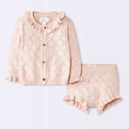 Baby Girls' 2pc Crochet Cardigan Sweater and Ruffle Bloomer Set - Cloud Island™ Pink 0-3M