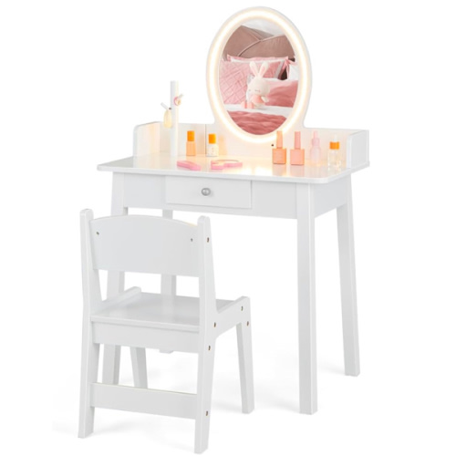 Costzon Kids Vanity, Girls Vanity Set with Mirror and Stool and Lights, Drawer, Jewelry Rack, 2 in 1 Wooden Princess Makeup Desk Dressing Table, Pretend Play Kids Vanity Table and Chair Set (White)
