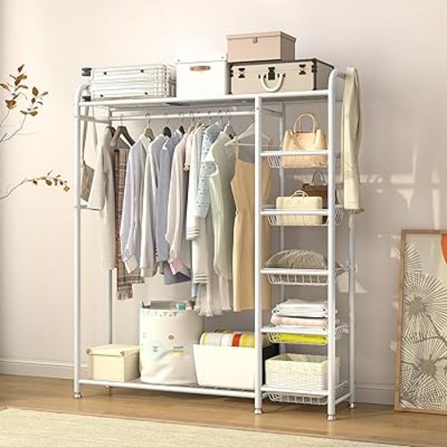 White Metal Garment Rack for Hanging Clothes, Sturdy Versatile Wardrobe Rack with 2 Storage Racks and 5 Baskets, Closet Organizer, Free Standing Clothing Rack for Bedroom, Living Room