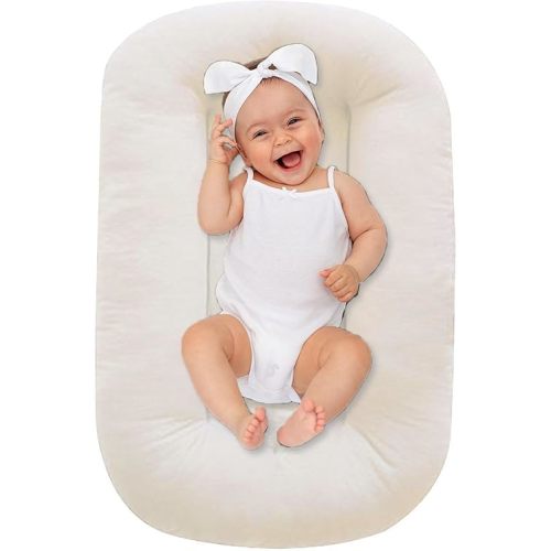 Lucakuins Baby Lounger 0-18 Months, Baby Lounger for Newborn, Soft Organic Cotton Breathable Lounger for Infants (White Baby Lounger)