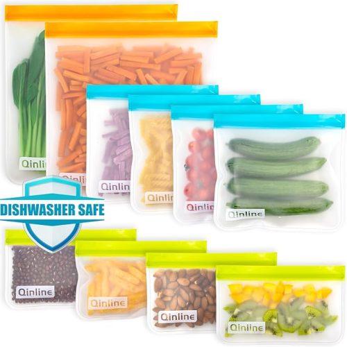 Qinline Reusable Food Storage Bags - 10 Pack Dishwasher Safe Freezer Bags, BPA Free Reusable Bags Silicone, Leakproof Reusable Lunch Bag for Salad Fruit Travel - 2 Gallon 4 Sandwich 4 Snack Bags - 10 Pack - 2 Gallon 4 Sandwich 4 Snack - A1.Orange/Blue/Yel