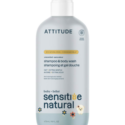 ATTITUDE 2-in-1 Shampoo and Body Wash for Baby, EWG Verified, Plant- and Mineral-Based Ingredients, Vegan and Cruelty-Free Products for Sensitive Skin, Unscented, 16 Fl Oz