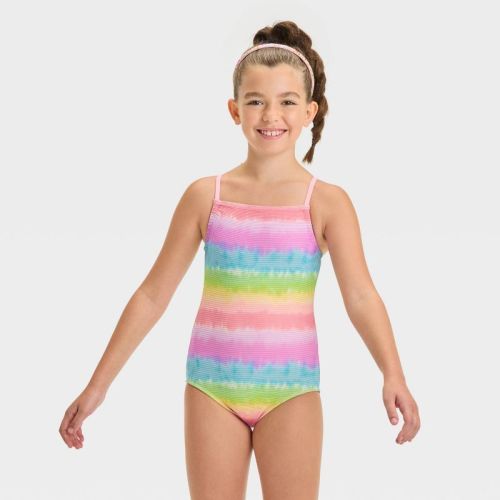 Girls' Striped One Piece Swimsuit - Cat & Jack™ S: Recycled Polyester, Metallic Fiber, Spandex, Upf 50+, Jacquard Knit