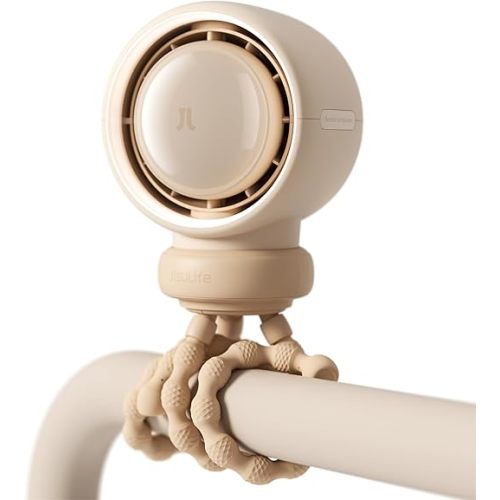 JISULIFE Stroller Fan Baby Large, Safe Bladeless for Crib, Desk, 4000mAh Battery Rechargeable Portable Cooling Fan with Air Turbo Tech, Night Light, Food-Grade Gift for Mom/Dad/Friend - Brown