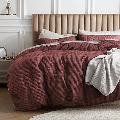 Bedsure Cotton Duvet Cover Queen - 100% Cotton Waffle Weave Maroon Red Duvet Cover Queen Size, GentleSoft™ and Breathable Bedding Set for All Season, 3 Pieces, 90"x90"
