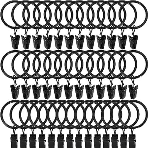 44 Pack Black Curtain Rings with Clips, Curtain Hooks Hangers Clip Rings for Hanging Drapes Bows Hat, Drapery Rings 1 in I D, Fits up to 5/8 in Diameter Curtain Rod.
