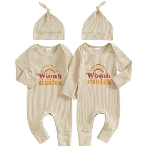 YOKJZJD Newborn Baby Girl Boy Twins Matching Outfits Womb Mates Knitted Romper Mitten Cuffs Jumpsuit with Hat Fall Clothes