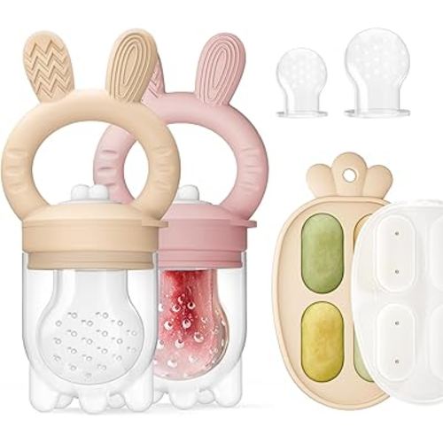 2 Packs Baby Fruit Feeder & Freezer Nibble Tray Combo, Push Pop Baby Food Feeder to Safely Introduce New Foods, Fresh & Frozen Food Silicone Feeder, 100% Food Grade, BPA Free (Caramel & Pink)