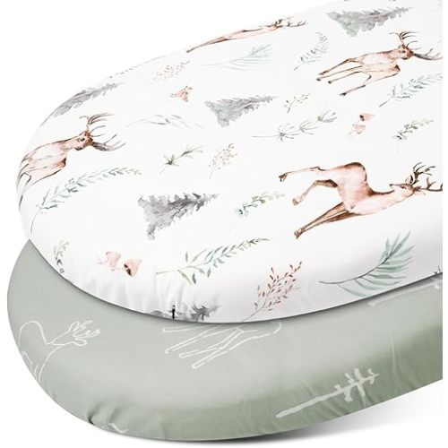 Gllquen Baby Bassinet Sheets 2 Pack, Breathable Cozy Fitted Mattress Sheet, Elastic Travel Crib Fashionable Floral Pattern, Standard Cradle Safe Sheets for Baby Boy Girls 32"X16" (Reindeer)
