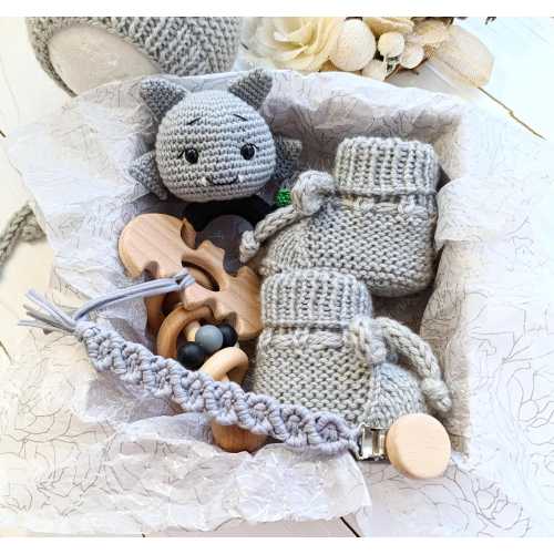 Bat baby gift set Gothic baby announcement gift box with crochet bat plush rattle toy & hand knit booties set Halloween baby shower gift box