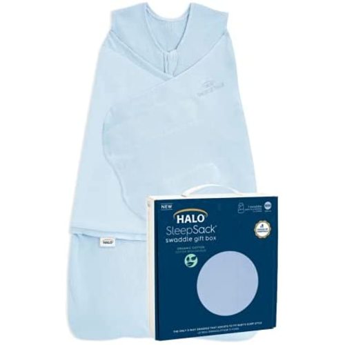 HALO Sleepsack Swaddle 100% Organic Cotton Newborn 1-Piece Gift Set with Box, TOG 1.5, 0-3 Months, Chambray